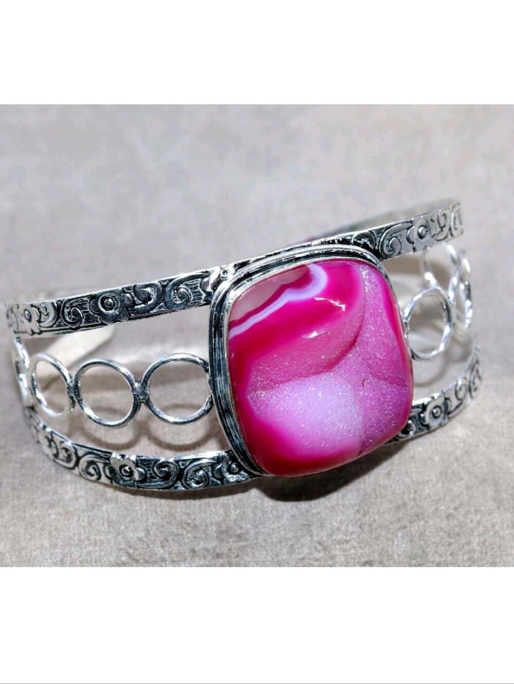 Pink Botswana Aura Druzy Gemstone 925 Sterling Silver  Adjustable Cuff Bracelet